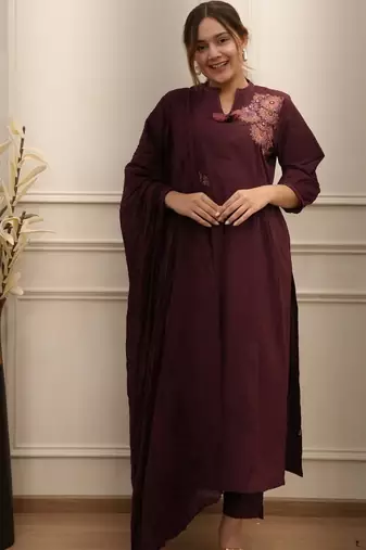 women pure cotton embroidery maroon kurta with pant and dupatta
