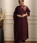 Maroon Women Pure Cotton Embroideredry Kurta With Pant And Dupatta