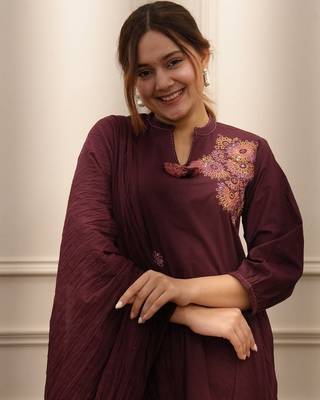 Maroon Women  Cotton Embroideredry Kurta With Pant And Dupatta 2