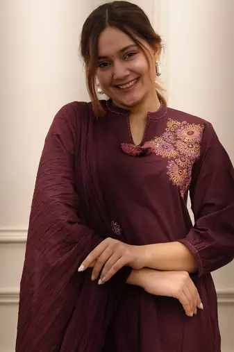 Maroon Women  Cotton Embroideredry Kurta With Pant And Dupatta