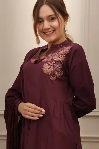 Maroon Women  Cotton Embroideredry Kurta With Pant And Dupatta