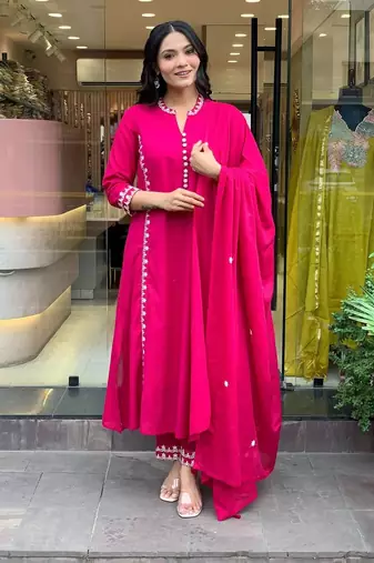 women pure cotton embroidery pink kurta with pant and dupatta