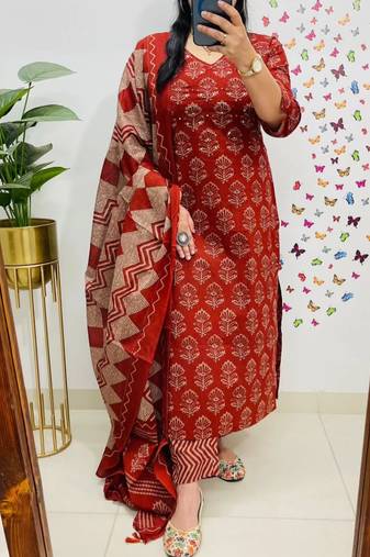 women pure cotton printed red kurta with pant and dupatta