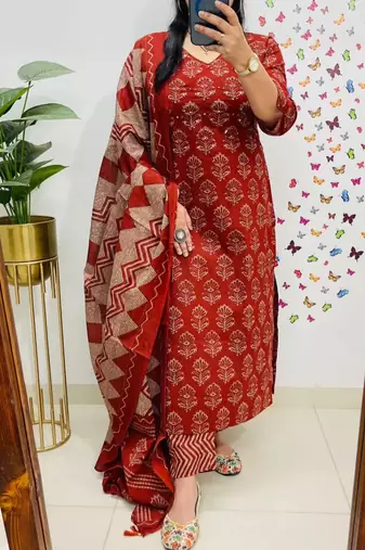 women pure cotton printed red kurta with pant and dupatta