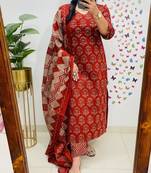 Red Women Pure Cotton Printed Kurta With Pant And Dupatta