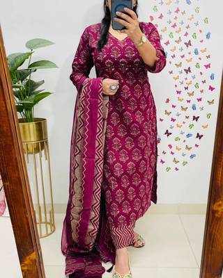 Maroon Women Pure Cotton Printed Kurta With Pant And Dupatta 1