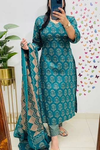 women pure cotton printed blue kurta with pant and dupatta