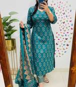 Blue Women Pure Cotton Printed Kurta With Pant And Dupatta