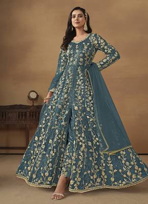 Teal blue embroidered net anarkali suit 1
