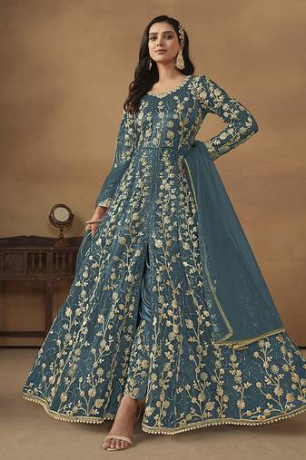 Teal blue embroidered net anarkali suit