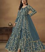 Teal blue embroidered net anarkali suit