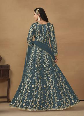 Teal blue embroidered net anarkali suit 2