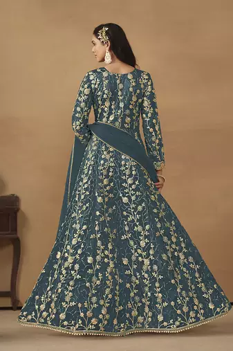 Teal blue embroidered net anarkali suit