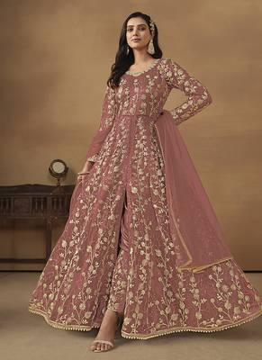 Pink embroidered net anarkali suit 1