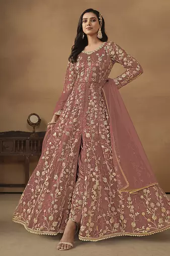 Pink embroidered net anarkali suit