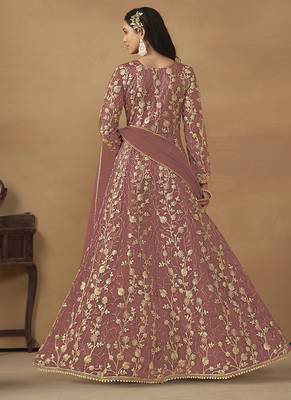 Pink embroidered net anarkali suit 2
