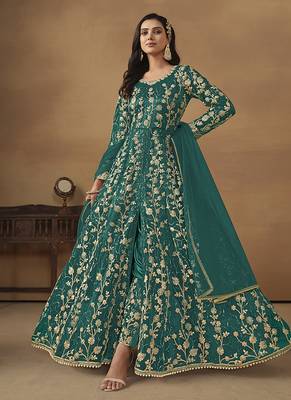 Green embroidered net anarkali suit 1