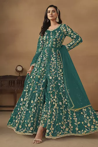 Green embroidered net anarkali suit