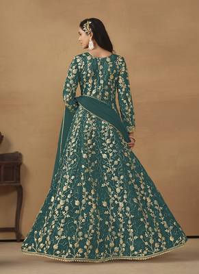 Green embroidered net anarkali suit 2