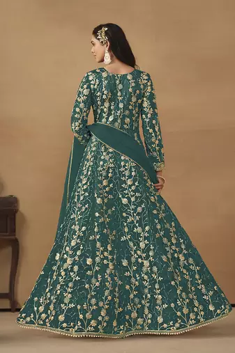 Green embroidered net anarkali suit