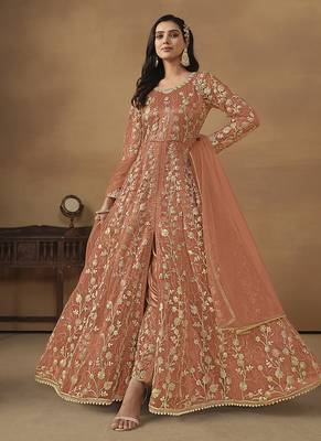 Dark peach embroidered net anarkali suit 1