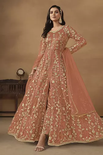 Dark peach embroidered net anarkali suit
