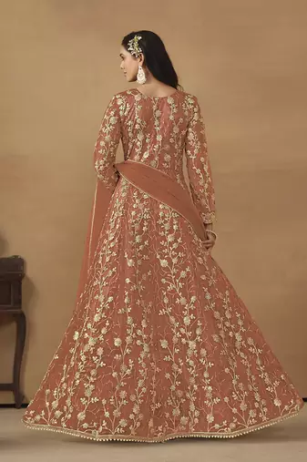 Dark peach embroidered net anarkali suit