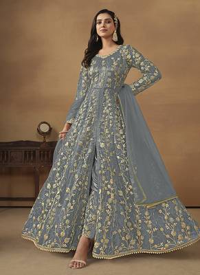 Grey embroidered net anarkali suit 1