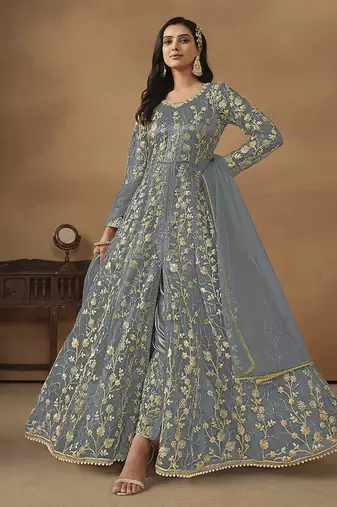Grey embroidered net anarkali suit