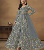 Grey embroidered net anarkali suit