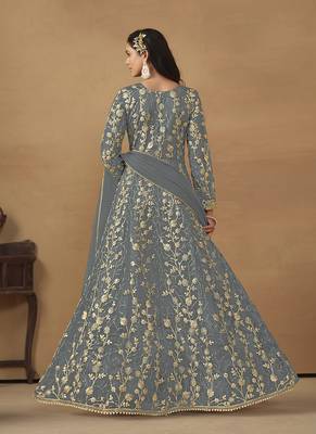 Grey embroidered net anarkali suit 2