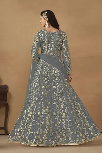 Grey embroidered net anarkali suit