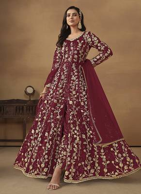 Maroon embroidered net anarkali suit 1