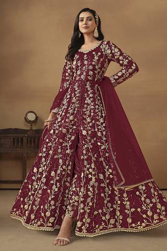 Maroon embroidered net anarkali suit