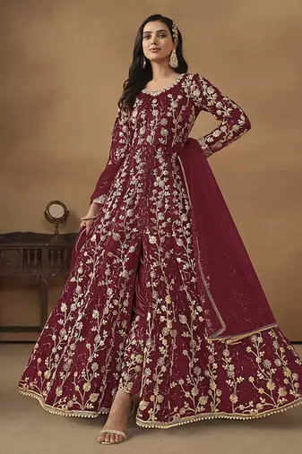 Maroon embroidered net anarkali suit