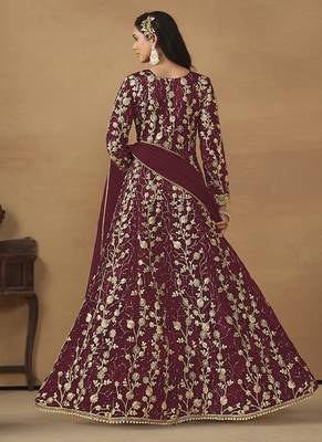 Maroon embroidered net anarkali suit 2