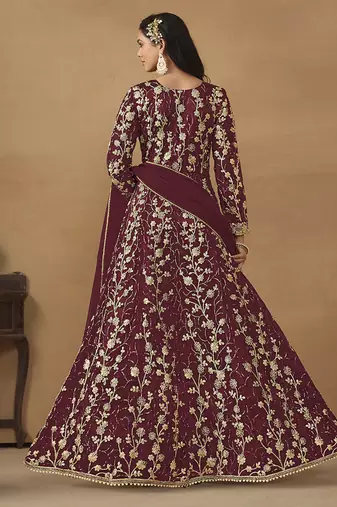 Maroon embroidered net anarkali suit
