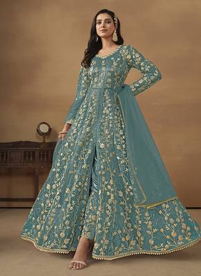 Sky blue embroidered net anarkali suit 1