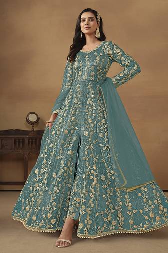 Sky blue embroidered net anarkali suit