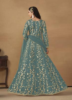 Sky blue embroidered net anarkali suit 2