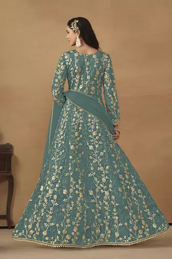 Sky blue embroidered net anarkali suit