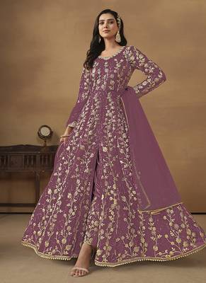 Lavender embroidered net anarkali suit 1