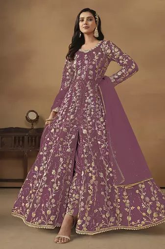 Lavender embroidered net anarkali suit