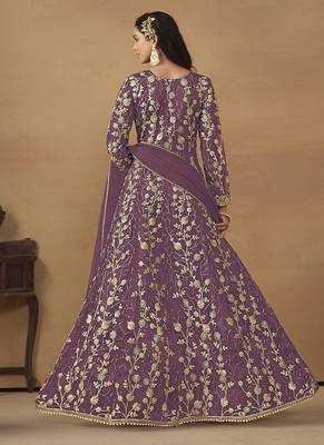 Lavender embroidered net anarkali suit 2