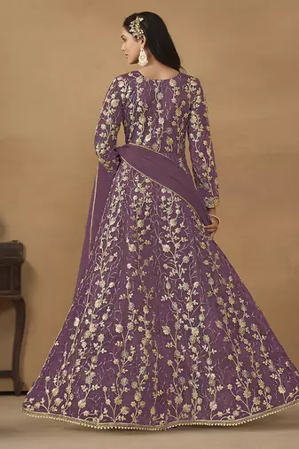 Lavender embroidered net anarkali suit