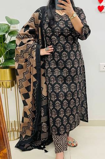 women pure cotton printed black kurta with pant and dupatta