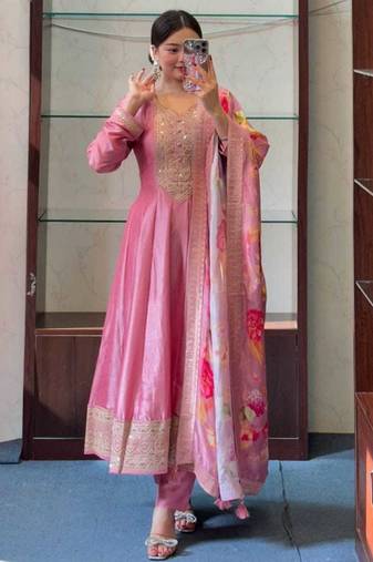 women silk embroidery pink kurta with pant and dupatta