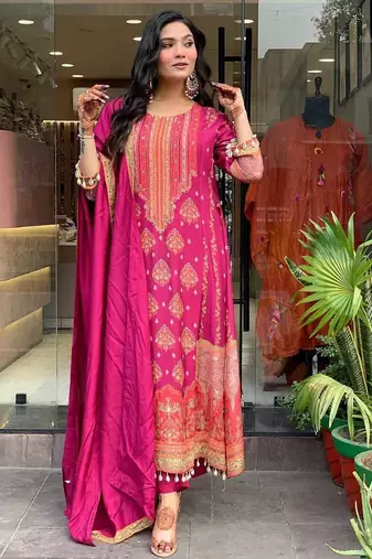Pink Women Silk Embroideredry Kurta With Pant And Dupatta