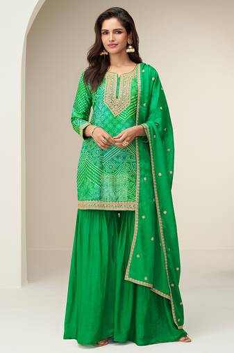 Green digital print embroidered chinon silk palazzo suit