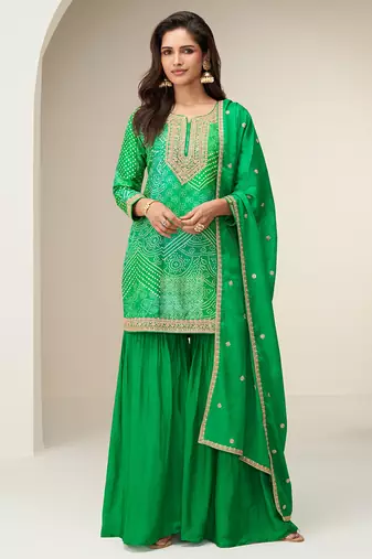 Green digital print embroidered chinon silk palazzo suit